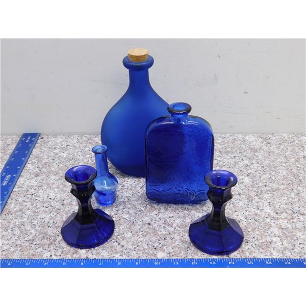 Lot of 5 Cobalt Blue Candleholders and Bottle Jars / Vases Glass