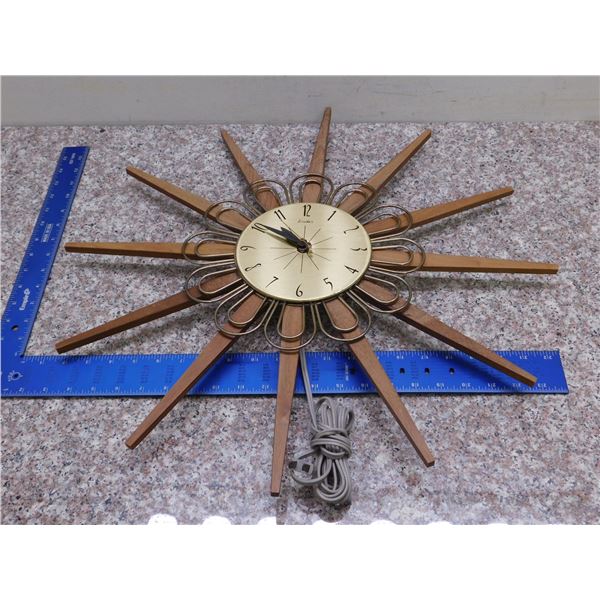 Mid Century Vintage Snider Teak Starburst Sunburst Works Wall Clock 22"
