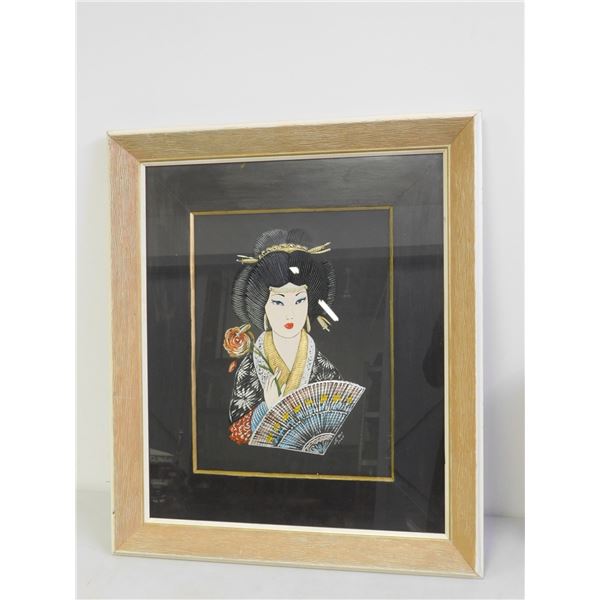 Framed Geisha Textured Oil Artist Signed 1964  Artwork