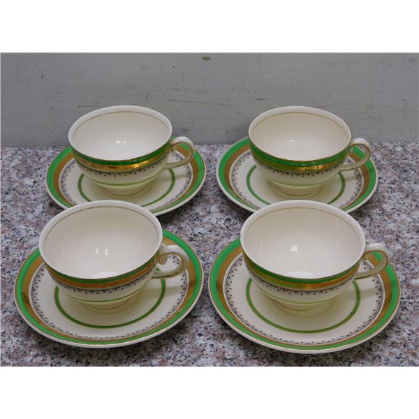 Lot of 4 Teacups & Saucers Royal Town Myotts Staffordshire England Green and Gold