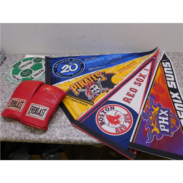 Sports Lot 6pc Everlast Boxing Mitts Baseball Pennants and Celtic Football Banner