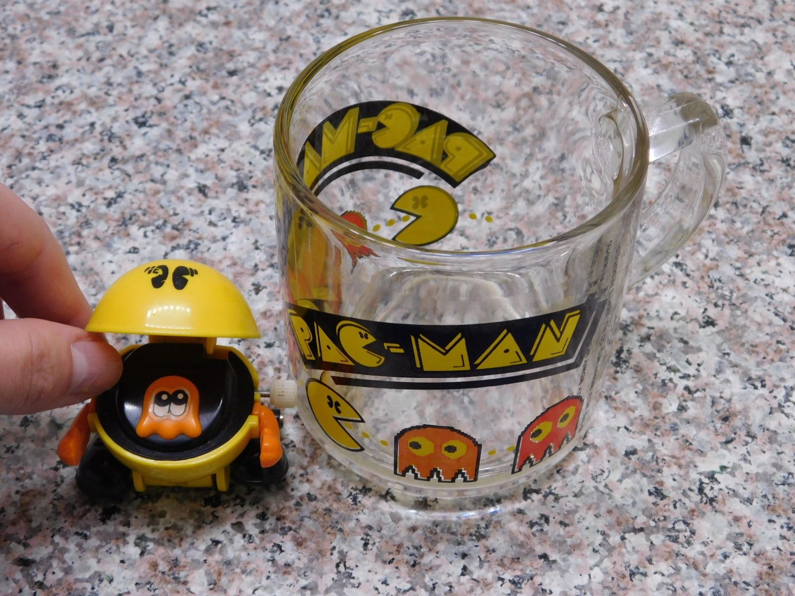 Vintage 1982 Glass Pac Man Coffee Mug and Wind-Up Pac Man Toy 80s