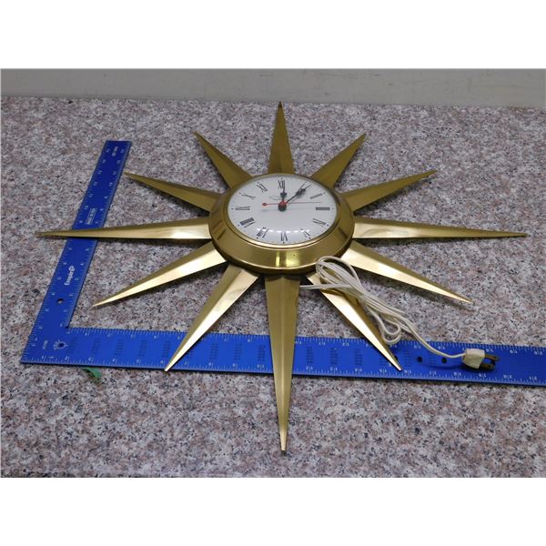 Vintage Brass Ingraham Starburst Clock Mid Century