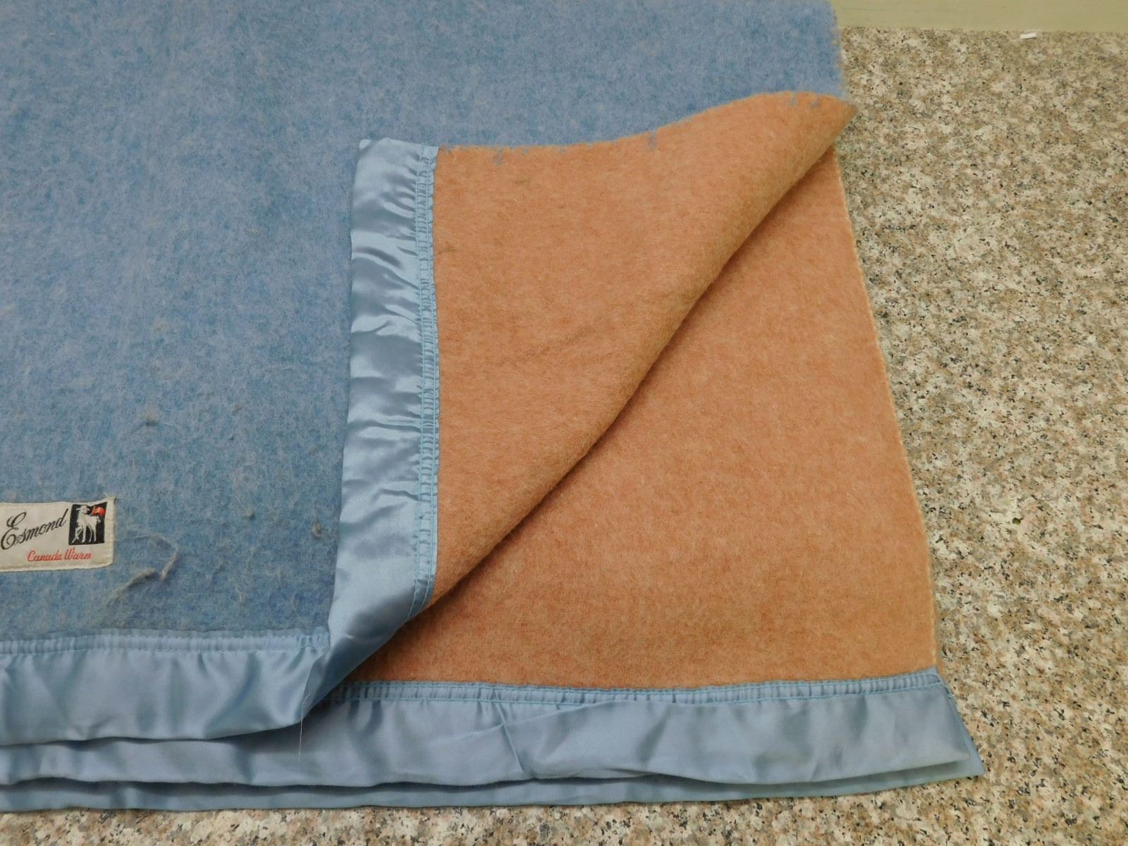 Vintage Esmond Canada Warm Blue Wool Blanket Reversible Blue and Pink