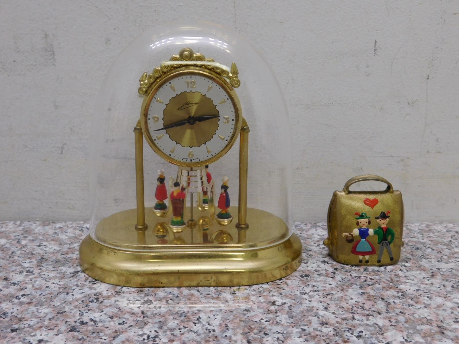 Vintage West German Ranela Wind Up Clock Chi Chi Mantle Clock + Dinner Bell