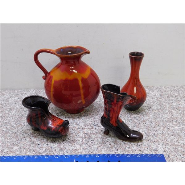 Lot of 4 Canadian Pottery Orange Sculpture Ceramic Vases Pitchers Drip