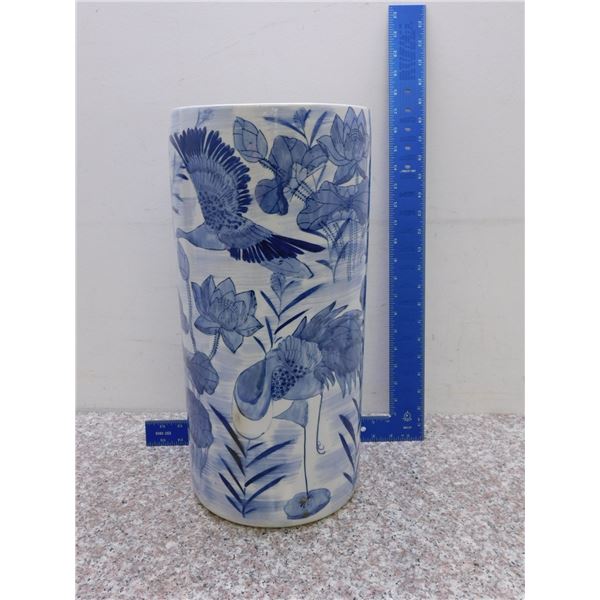Large Vase / Umbrella Stand Porcelain Blue Detail Asian 18" Tall 9