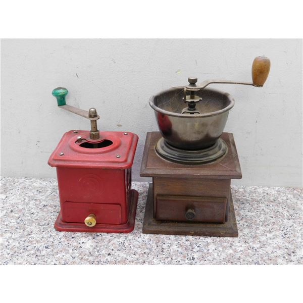 Lot of 2 Vintage Coffee Grinders Manual Crank 1 Wood 1 Metal