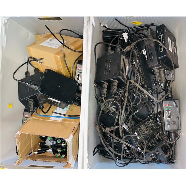 Group of 2 boxes of misc. electronics - includes pixel controllers / chargers / cables etc