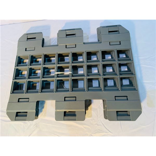 Group of 6 sorting bags w/ box of plastic attachments (approx 19in x 27in x 23in)