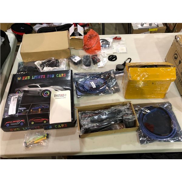 Large group of misc. car parts - includes dodge key cover / carpet fibre door handles / hub lights /