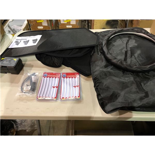 Large group of misc automotive attachments - includes 2 sets of car shades / 2 sets of car door pump