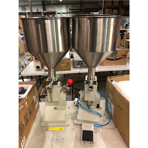 Group of 2 food filling machines - manual hand pressure machine & pneumatic small dose filling machi