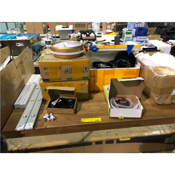 Large group of lighting - includes LED lights / Led ceiling mountain lights / brass hold lights etc