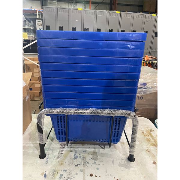 Group of 10 grocery store shopping baskets w/ stand