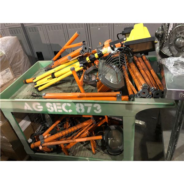Rolling cart full of work lights & work light stands - approx 8 lights & approx 7 stands (cart inclu