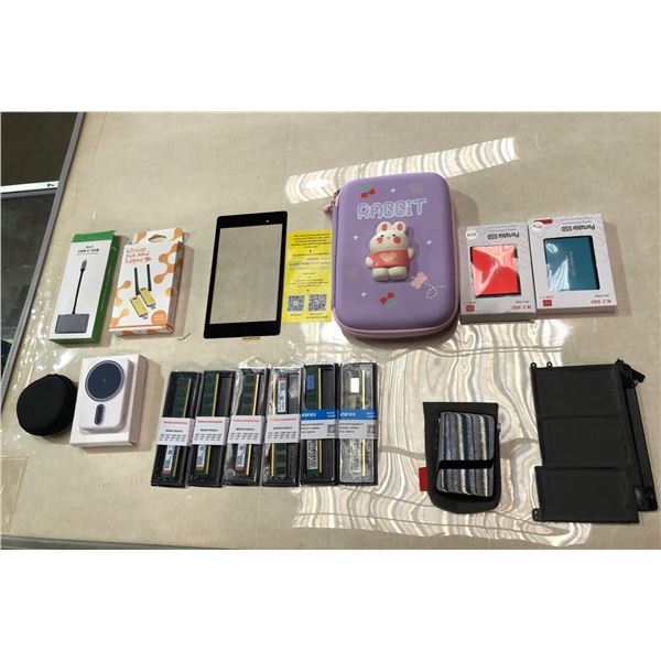 Large lot of misc. electronics - includes 2 30DB portable SSD / Lenovo battery / group of 8 memory m