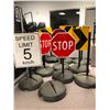 Image 1 : Group of 8 signs w/ wheel bases includes stop sign / arrow sign / speed limit 5km w/ 3 extra bases (