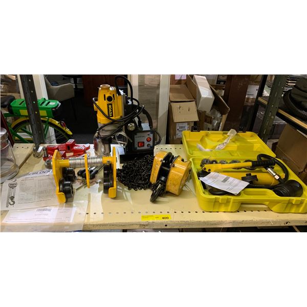 Group of misc. Vevor tools - includes a magnetic drill/HSZ-C series chains block/Hydraulic knockout 