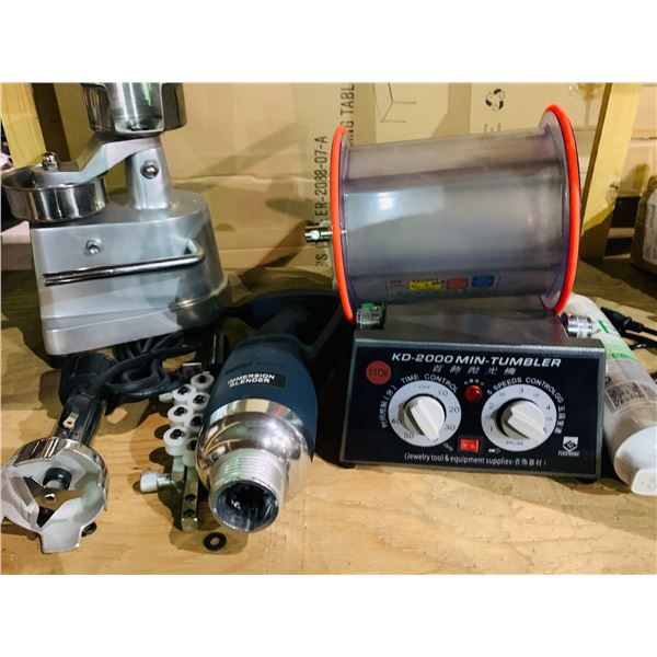 Large group of equipment supplies - includes KD-2000 tumbler/immersion blender/kitchen meat press et
