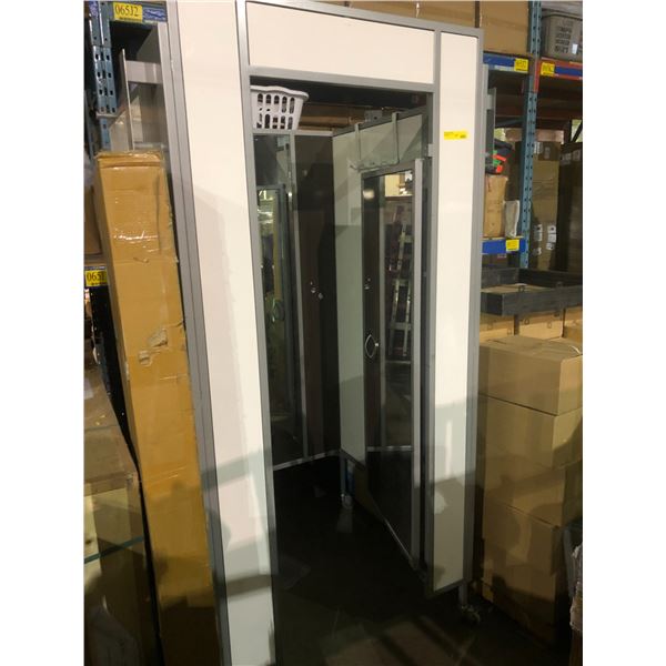 Grey and white changing room w/mirror and wheels