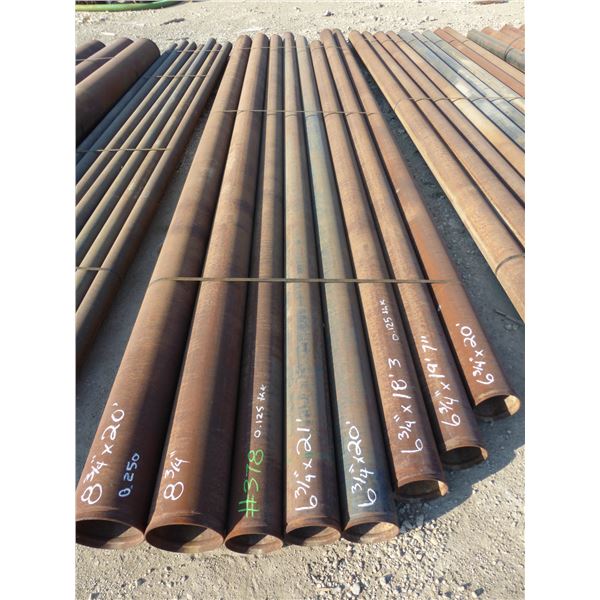 8 Lengths of pipe, 2- 8 3/4" x 20' x 0.250 thickness, 6- 6 3/4" x 18'3" to 21' x 0.125 thickness