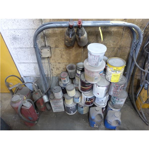 Misc paints, sprayers, 3- old fire ext. & pannel stand