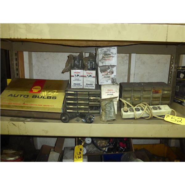Auto bulbs cabinet, welding ends, oil filters, organizers c/w fittings