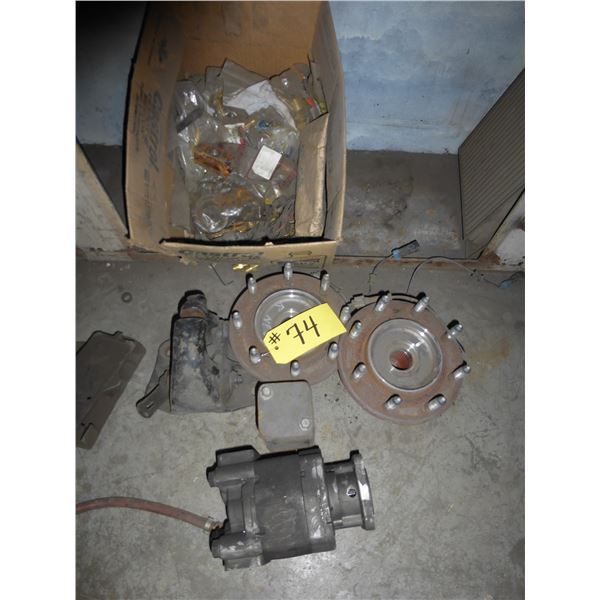 2- 8 stud GMC hubs, pindle hitch, misc. in box