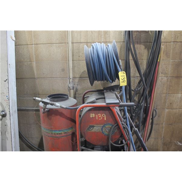 Pressure washer c/w hose, reels & wand (works, small leak)