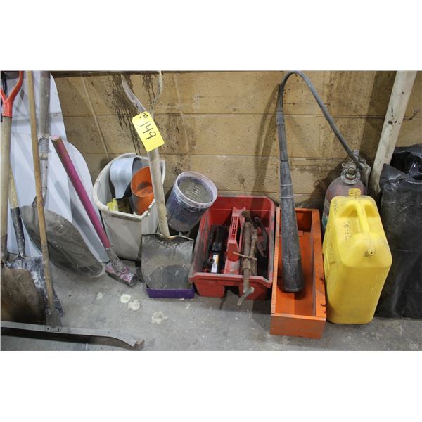 Fire ext., 2- clamps, sledge, shovels