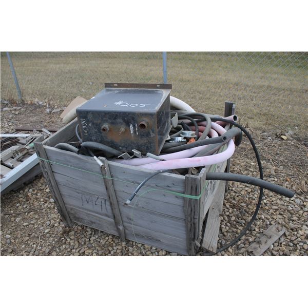 Crate of various hoses & hyd. Tank, & pallet of misc. iron PTO cable