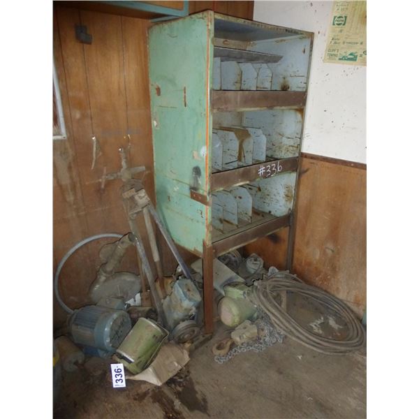 Various elec. Motors, wiring, steel green cabinet & elec. Chain hoist