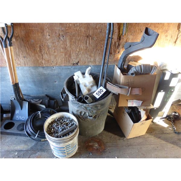 2- new shovels, air hose, light frame, pail of bolts & steel frame