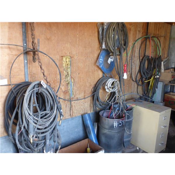 Lot of welding stingers, new airline, hose, 2- drums of hose & filing cabinet