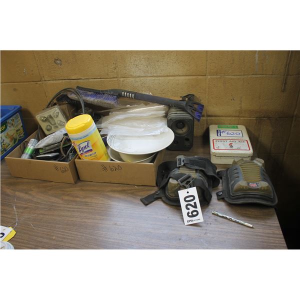 Knee pads, first aid, lysol, locking nuts, plates, speaker