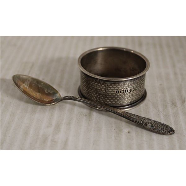 STERLING SILVER SPOON , NAPKIN RING ENGLISH SILVER