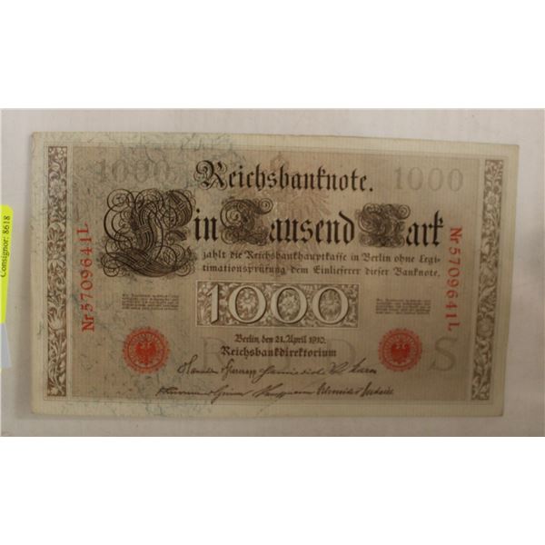 GERMAN 1000 MARK NOTE 1910