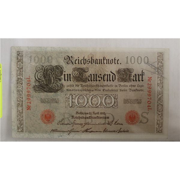 GERMAN 1000 MARK NOTE 1910