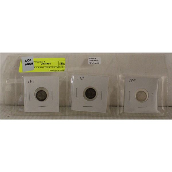 THREE CANADA SILVER FIVE CENT COINS