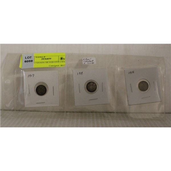 THREE CANADA SILVER FIVE CENT COINS