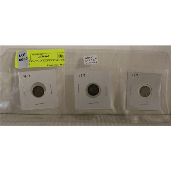 THREE CANADA SILVER FIVE CENT COINS