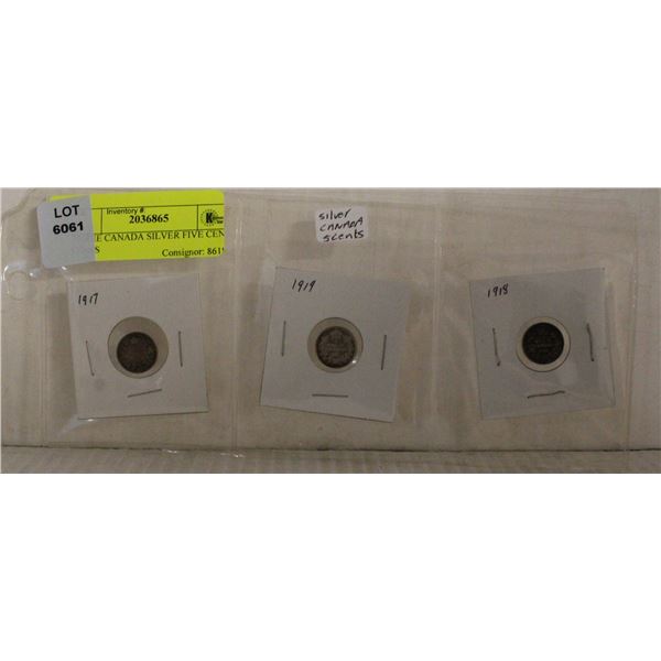 THREE CANADA SILVER FIVE CENT COINS