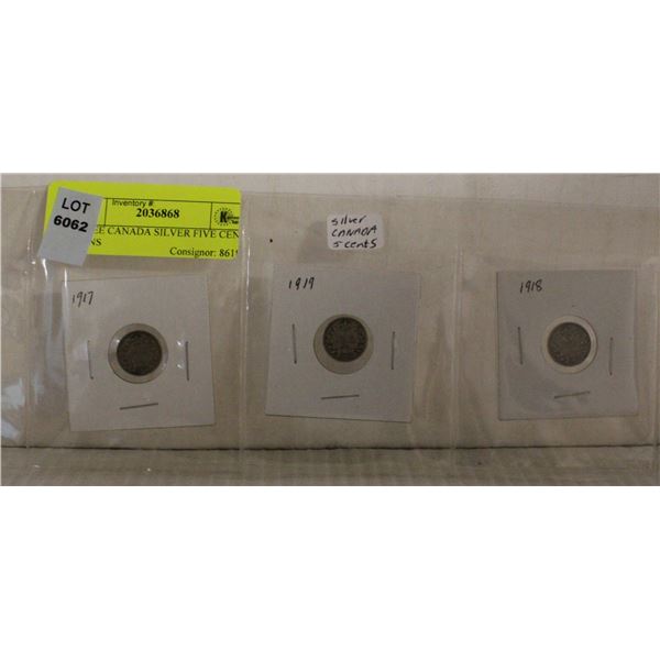 THREE CANADA SILVER FIVE CENT COINS