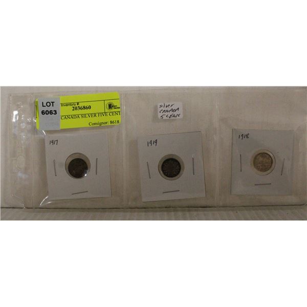 THREE CANADA SILVER FIVE CENT COINS