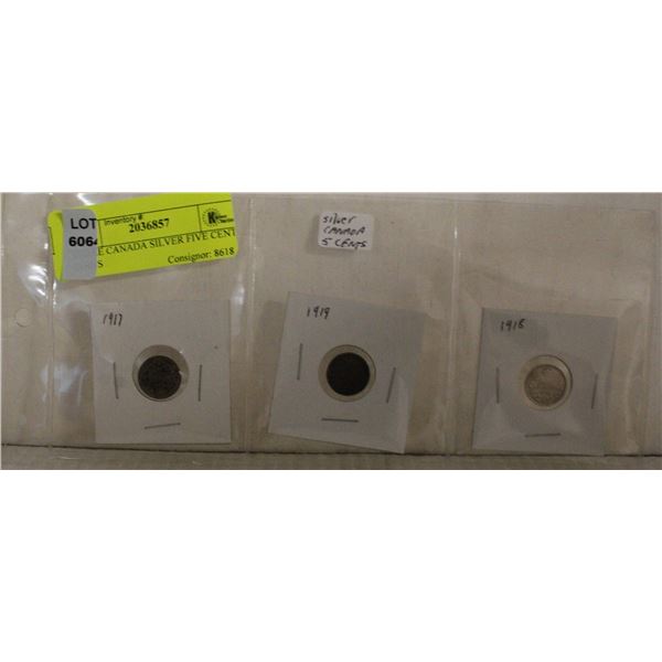 THREE CANADA SILVER FIVE CENT COINS