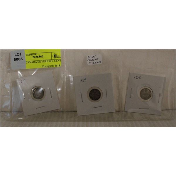 THREE CANADA SILVER FIVE CENT COINS