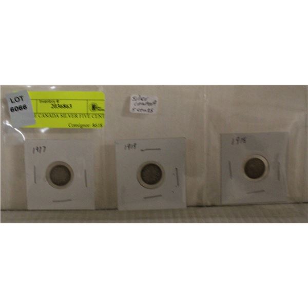 THREE CANADA SILVER FIVE CENT COINS
