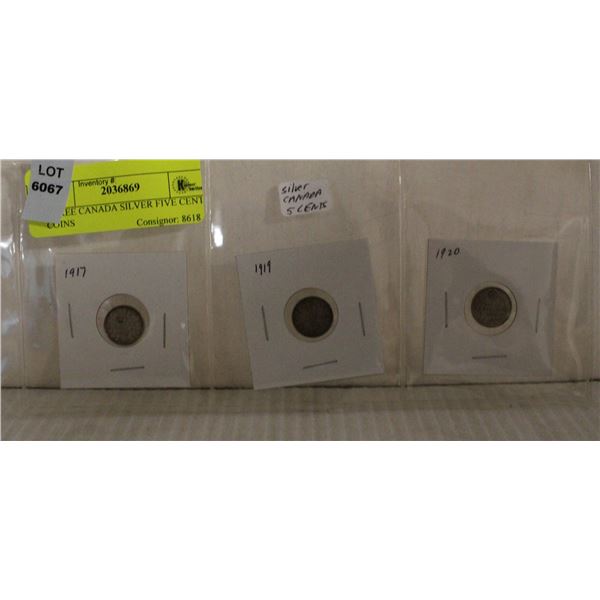 THREE CANADA SILVER FIVE CENT COINS