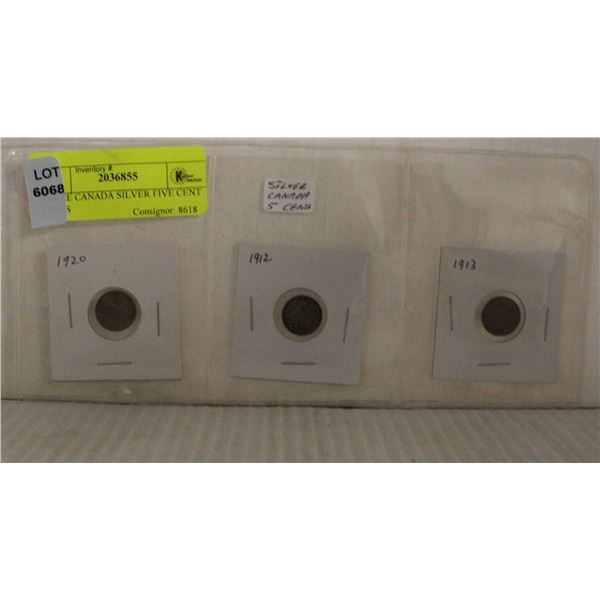THREE CANADA SILVER FIVE CENT COINS